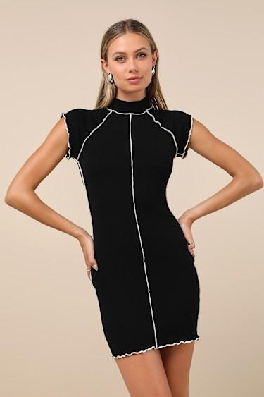 Cool Vibe Black Ribbed Short Sleeve Mock Neck Mini Dress Product Image