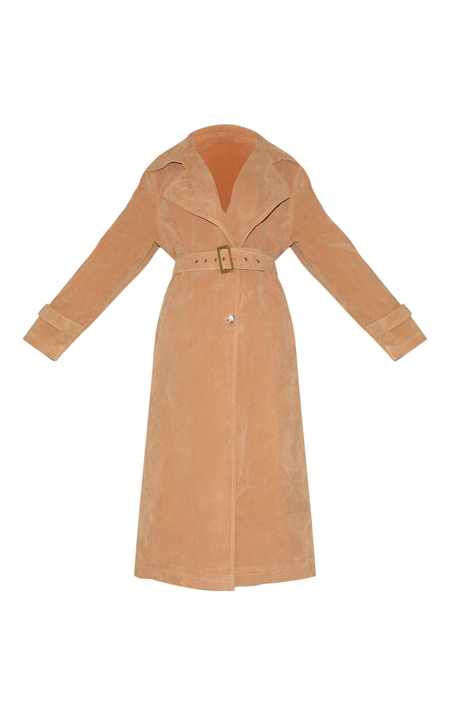 Tan Faux Suede Buckle Belt Trench Coat Product Image