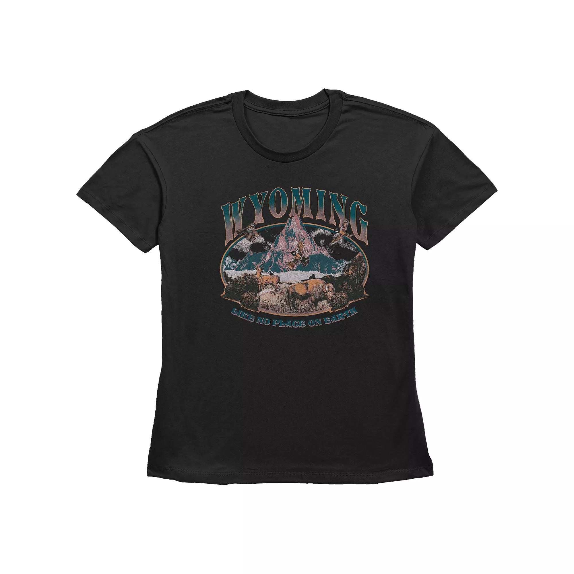 Women's Fifth Sun Wyoming Mountain Scene "Like No Place On Earth" Graphic Tee, Girl's, Size: Medium, Black Product Image