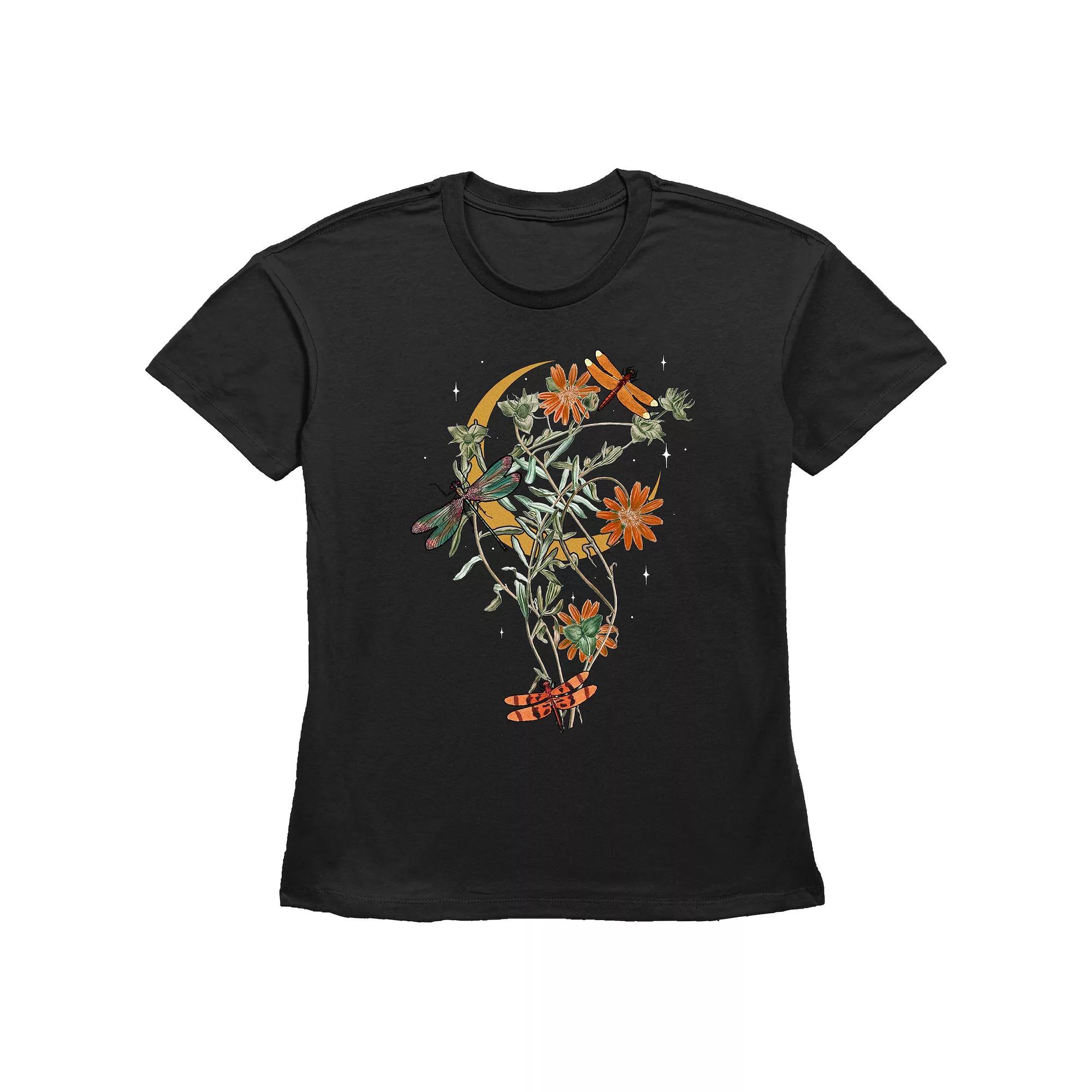 Women's Fall Floral Dragonfly Graphic Tee, Size: Medium, Black Product Image