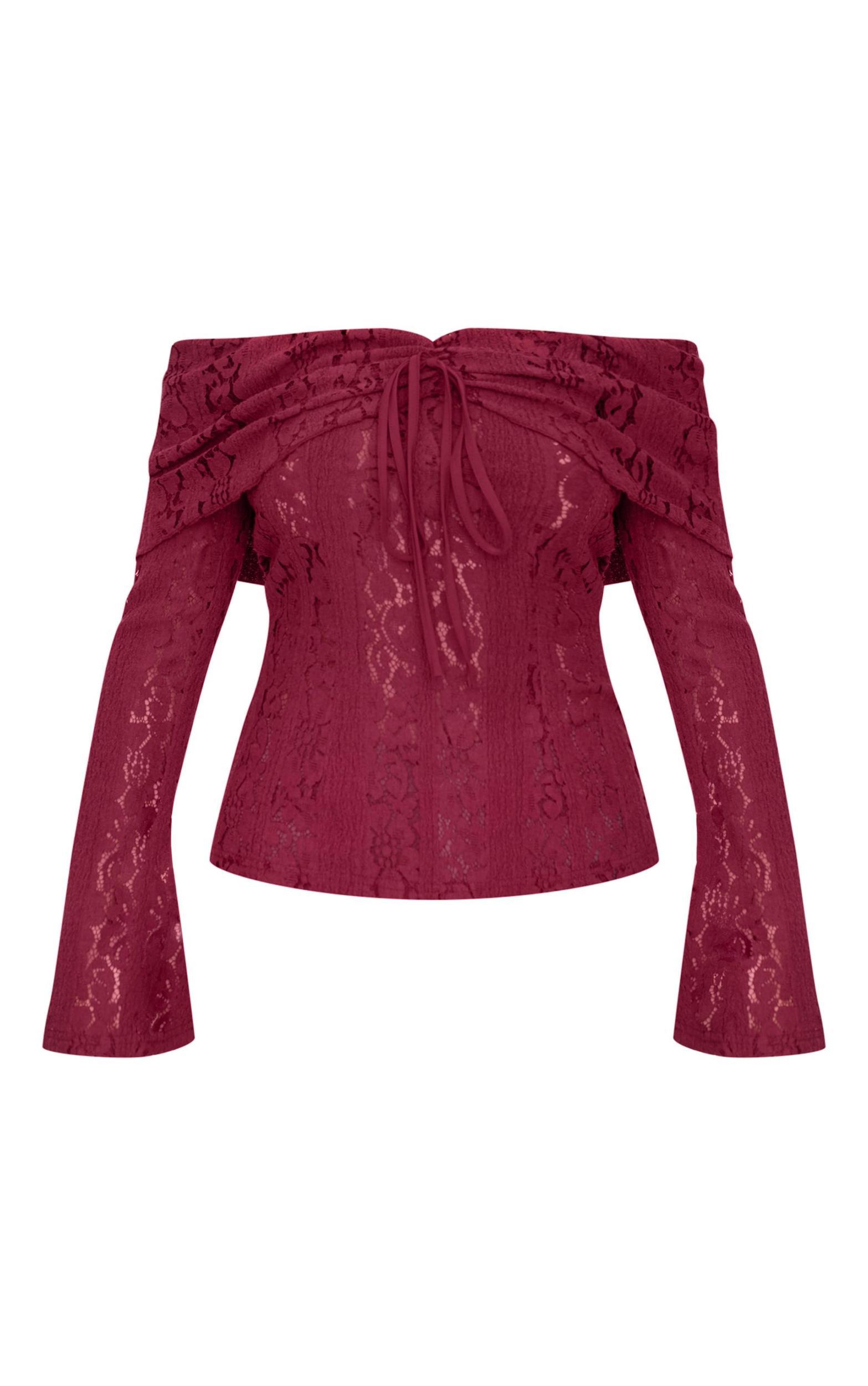 Plum Fitted Lace Flared Sleeve Bardot Top Product Image