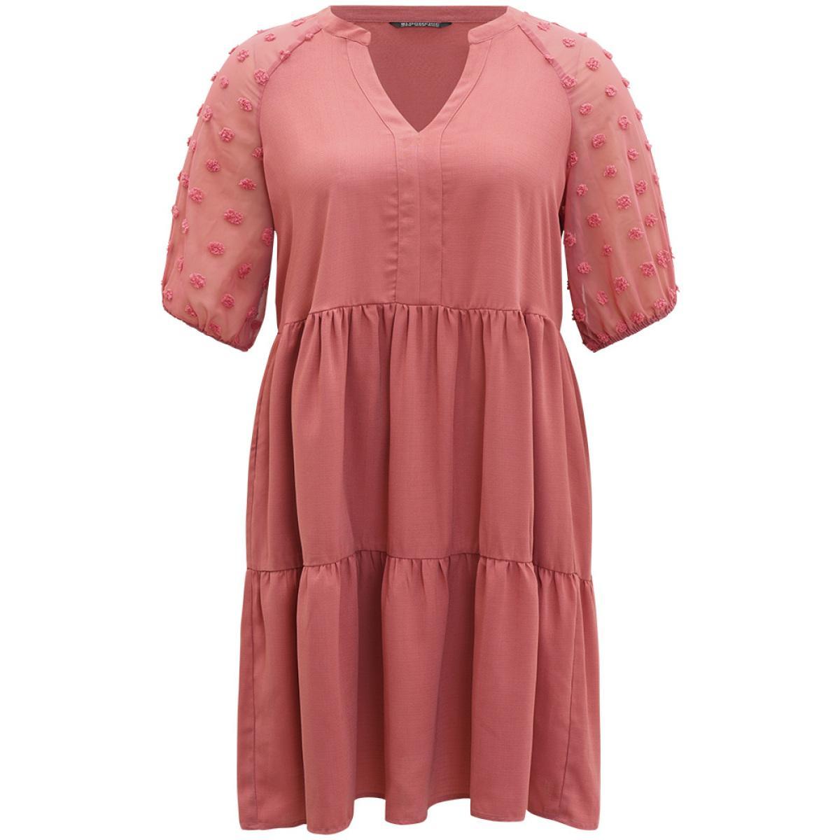 Plus Size Solid Notched Lantern Sleeve Ruffle Layered Hem Dress Watermelon Women Elegant Plain Notched collar Half Sleeve Curvy Knee Dress BloomChic 12/L Product Image