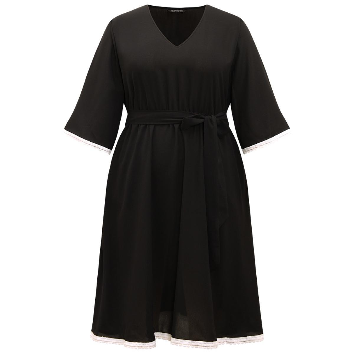 Plus Size V Neck Pocket Patchwork Contrast Belted Dress Black Women Elegant Plain V-neck Elbow-length sleeve Curvy Midi Dress BloomChic 18-20/2X Product Image