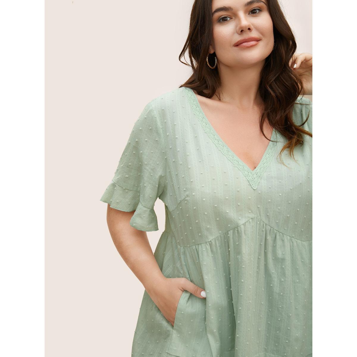 Plus Size Mint Textured Lace Panel Pleated Pocket Blouse Women Casual Short sleeve V-neck Everyday Blouses BloomChic 22-24/3X Product Image