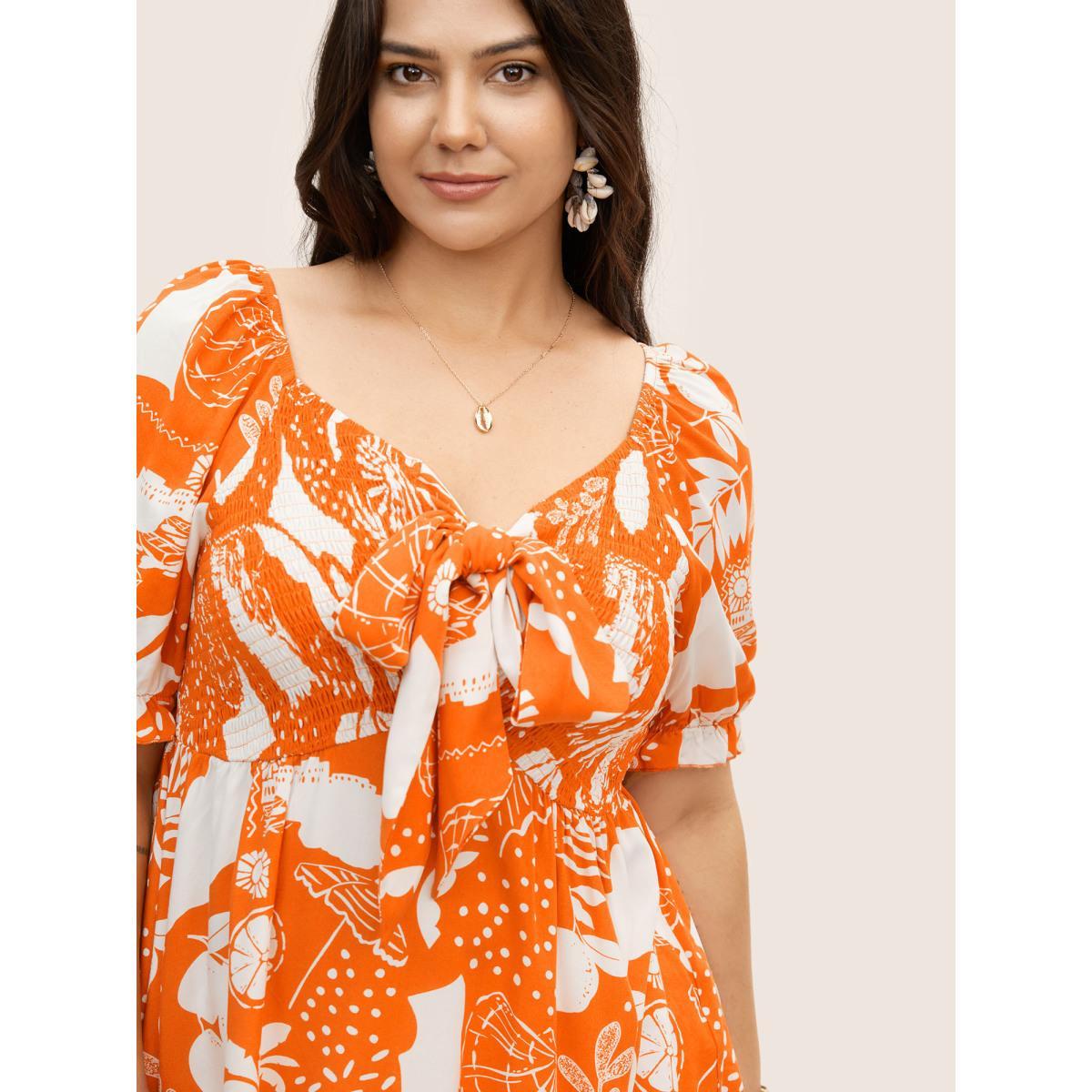 Plus Size Brightorange Tropical Print Bowknot Shirred Lantern Sleeve Blouse Women Resort Short sleeve V-neck Vacation Blouses BloomChic 10/M Product Image