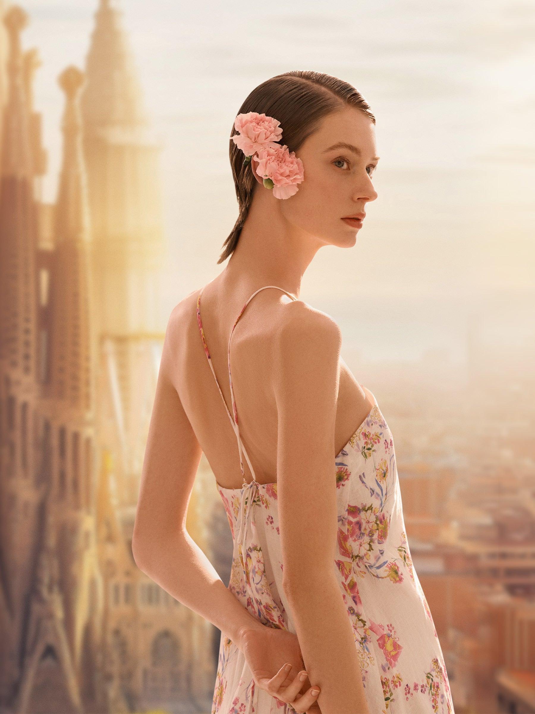 100% Linen Rose Print Women Halterneck Slip Maxi Dress Product Image