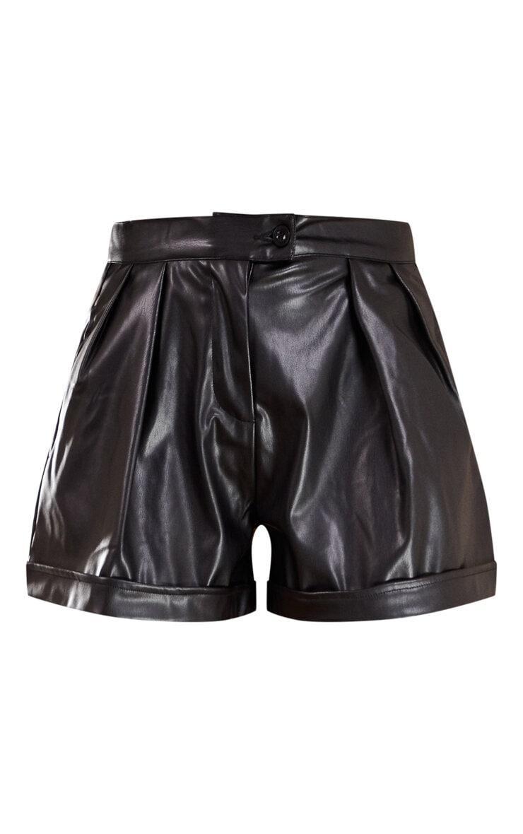 Black Faux Leather Pleat Detail Shorts Product Image