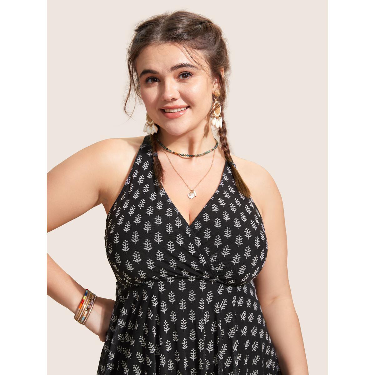 Plus Size Overlap Collar Boho Print Patchwork Swim Dress Women's Swimwear Black Beach Bodycon Overlap Collar High stretch Curve Swim Dresses BloomChic 12/L Product Image