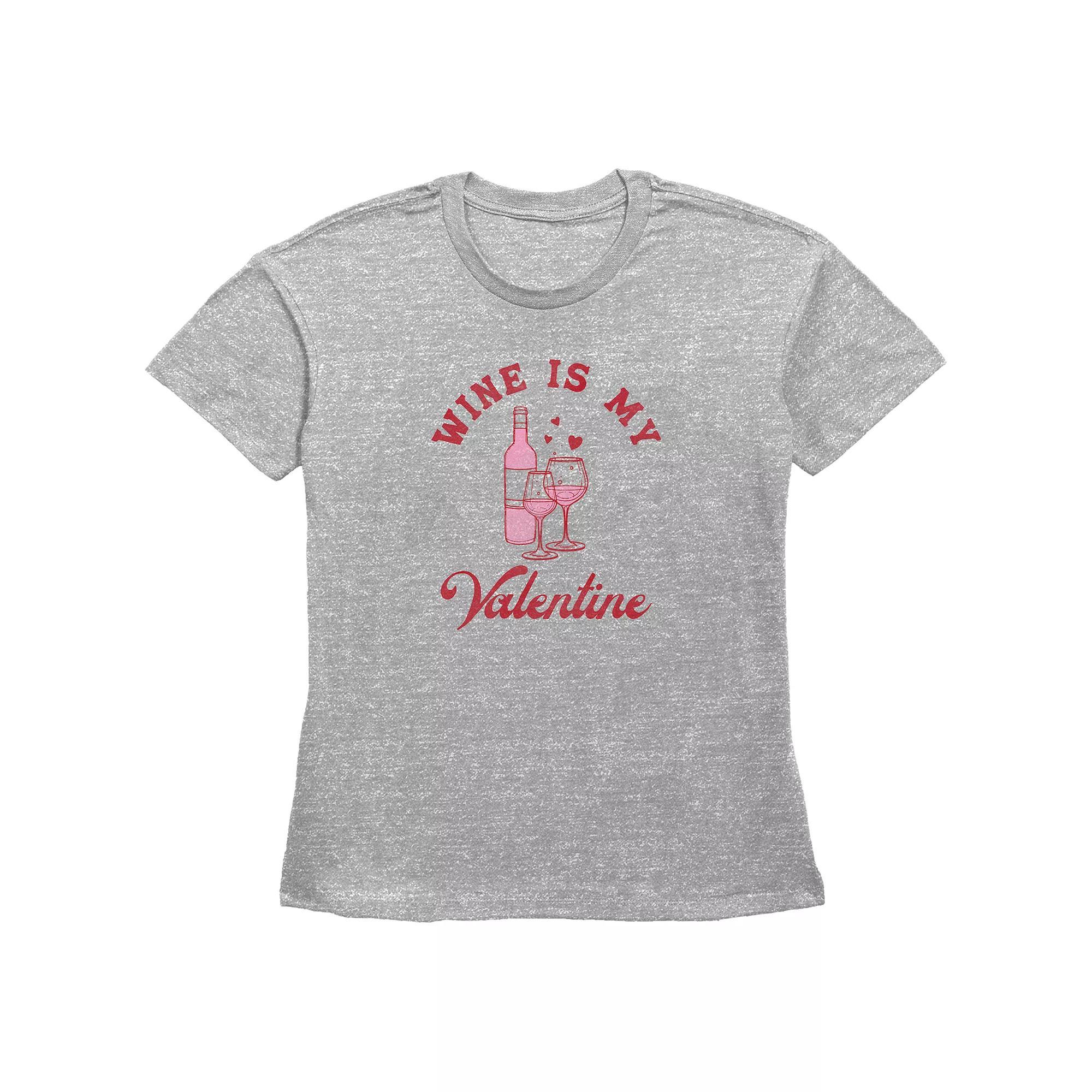 Women's Wine Is My Valentine Basic Fit Graphic Tee, Size: Medium, Grey Gray Product Image