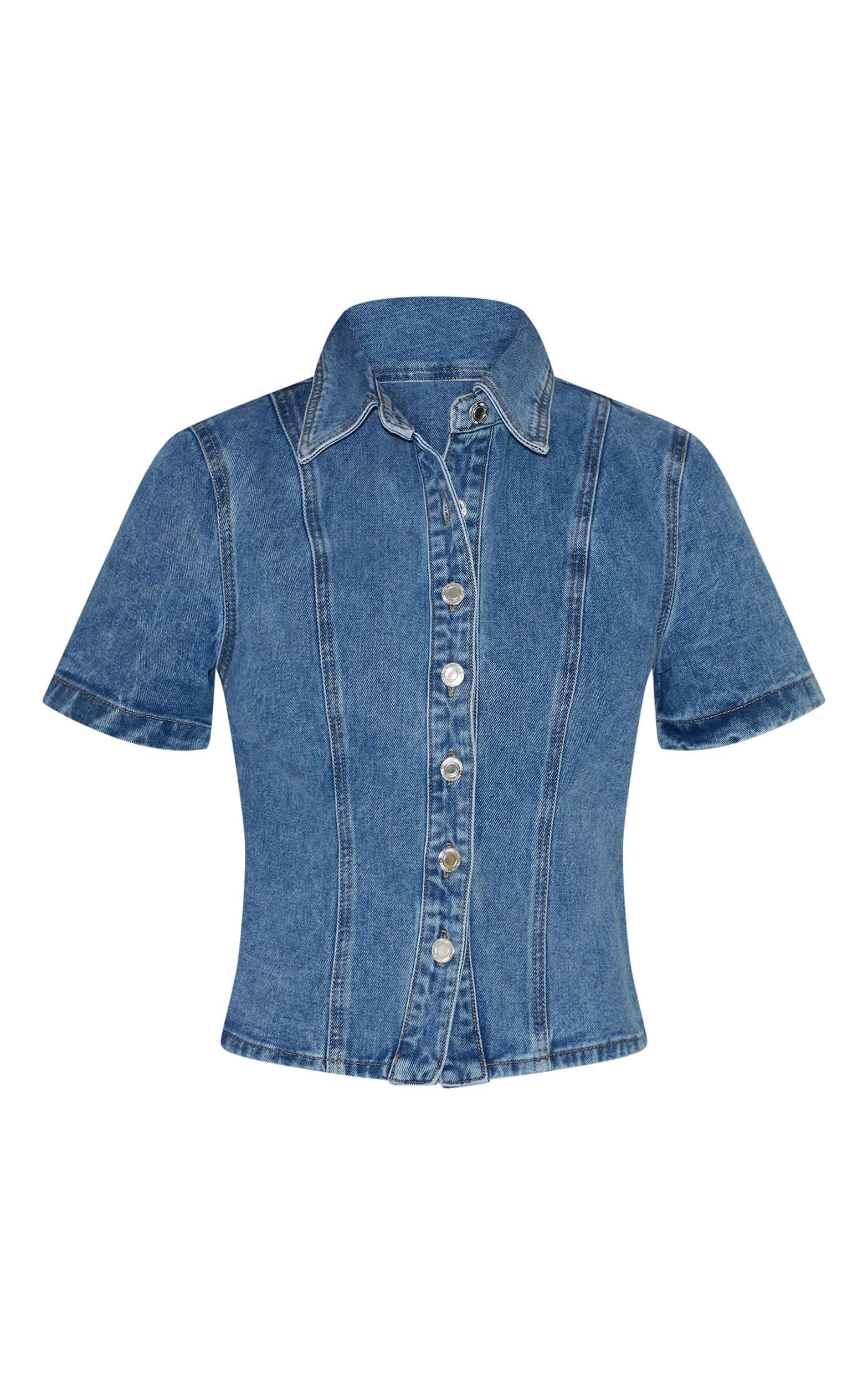 Mid Blue Wash Short Sleeve Fitted Denim Shirt Product Image