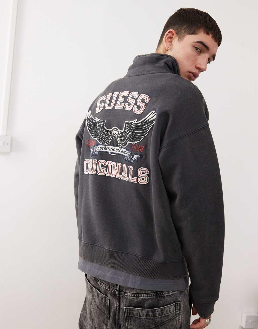Guess Originals washed half zip sweatshirt in black with back embroidery Product Image