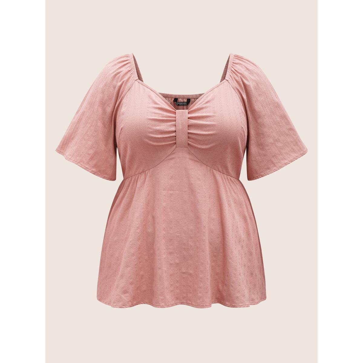Plus Size Rouge Plain Heart Neckline Ruched Ruffle Sleeve Blouse Women Elegant Half Sleeve Heart neckline Everyday Blouses BloomChic 26/4X Product Image
