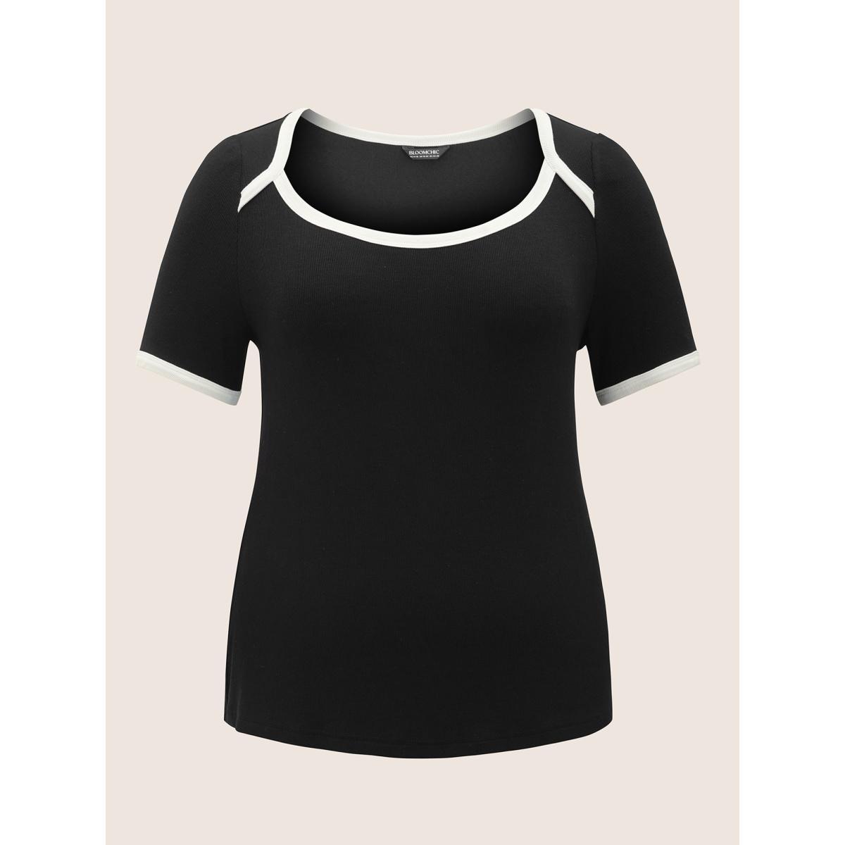 Plus Size Asymmetrical Neck Contrast Trim Pit Strip T-shirt Black Women Elegant Contrast Asymmetrical Neck Bodycon Everyday T-shirts BloomChic 30/6X Product Image
