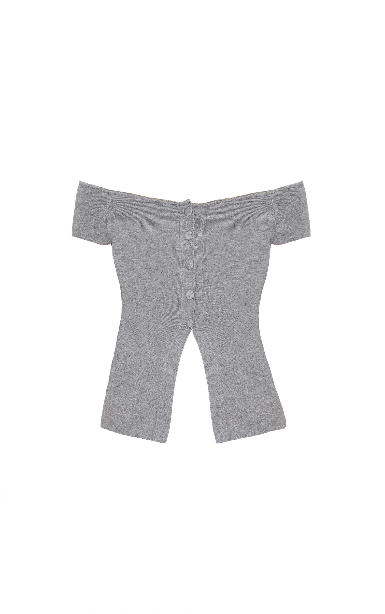 Ash Grey Rib Knit Button Up Bardot Split Hem Top Product Image