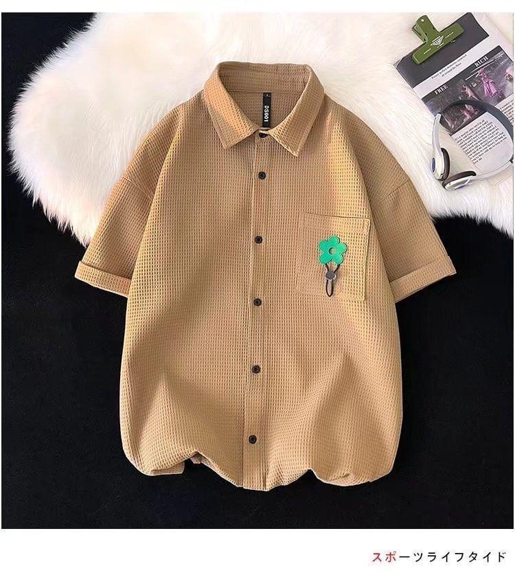Elbow-Sleeve Floral Applique Waffle Button-Up Shirt Product Image