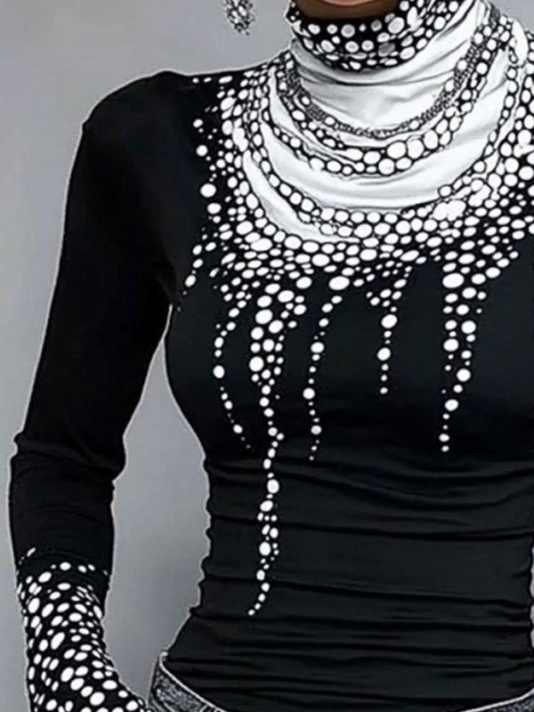 Long Sleeves Skinny Printed High-Neck T-Shirts Tops Product Image