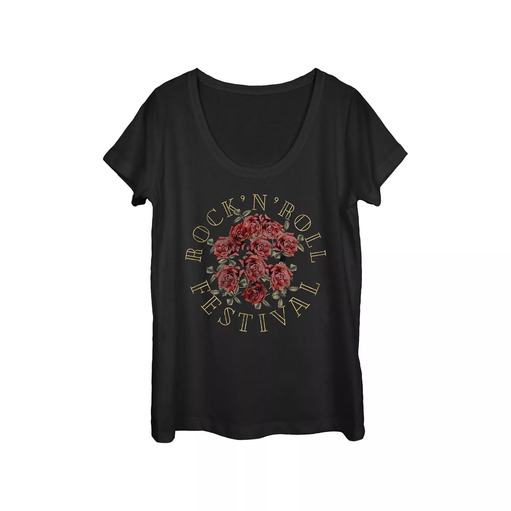 Juniors' Rock And Roll Roses Festival Scoop Neck Graphic Tee, Girl's, Size: Medium, Black Product Image