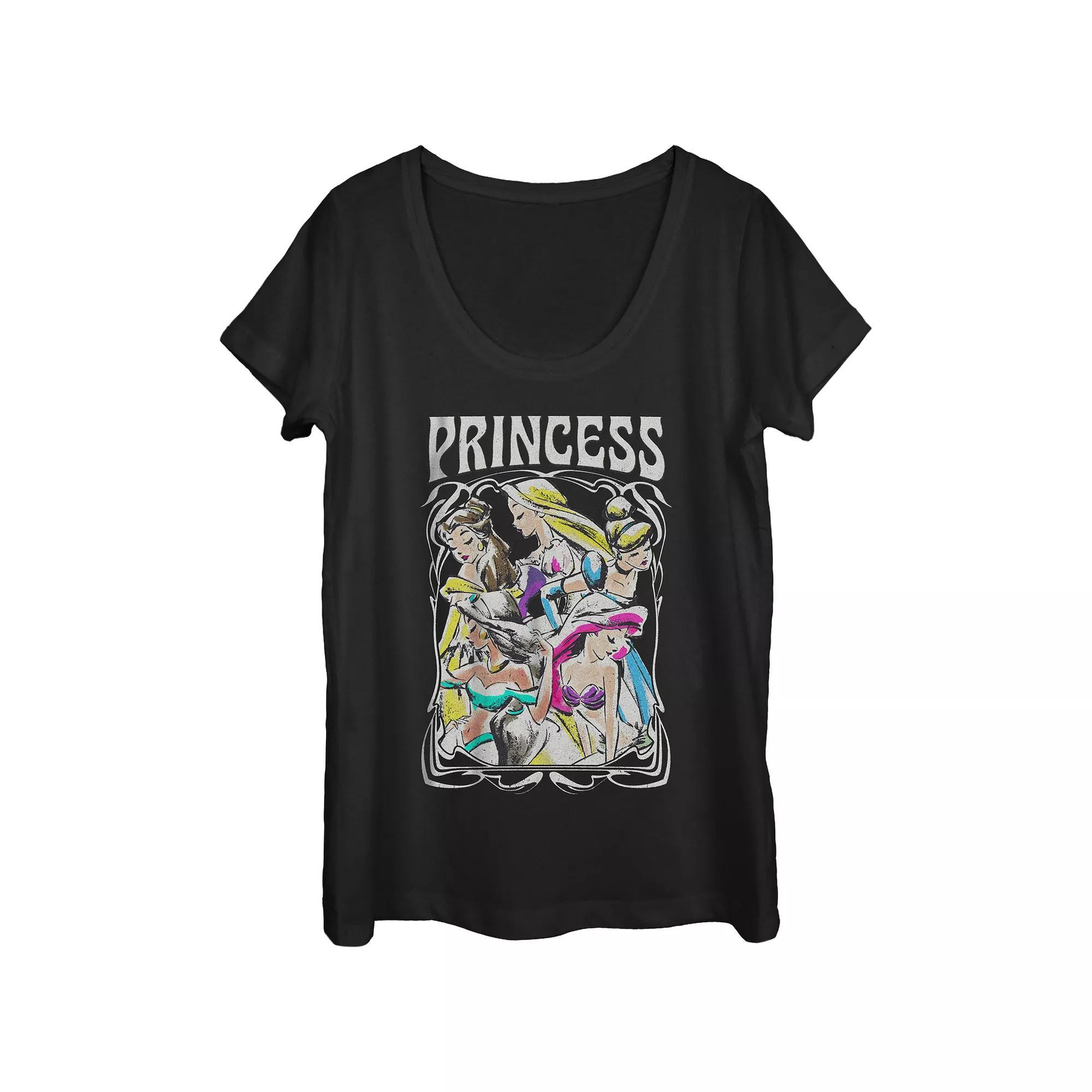 Disneys Belle, Rapunzel, Cinderella, Jasmine & Ariel Princess Profile Portrait Scoop Neck Juniors Graphic Tee, Womens Product Image