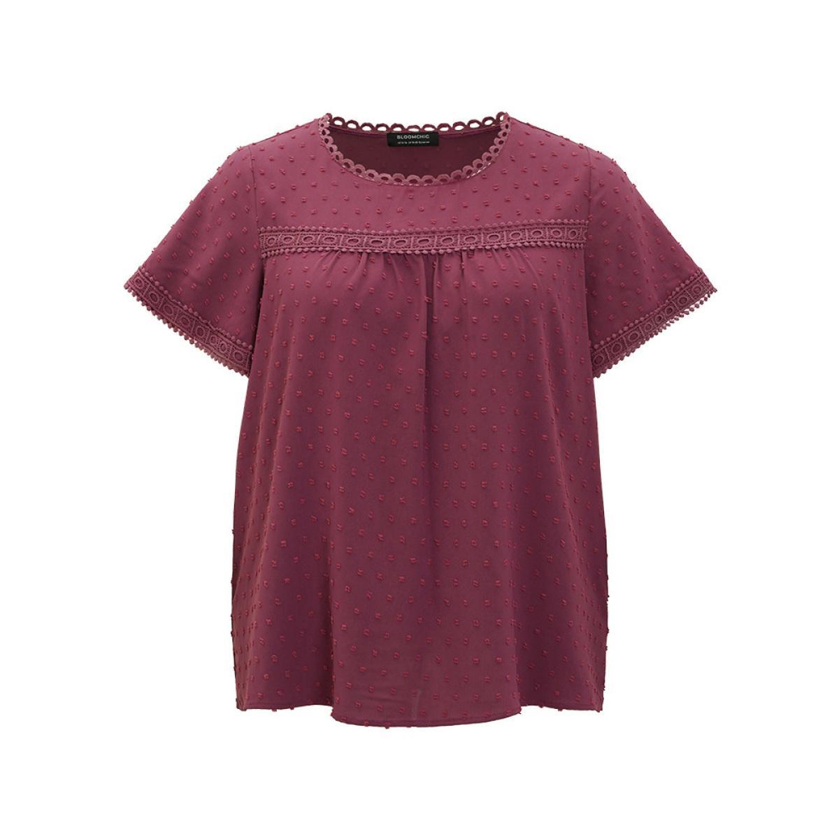 Plus Size RedViolet Polka Dot Gathered Lace Blouse Women Elegant Short sleeve Round Neck Dailywear Blouses BloomChic 26/4X Product Image