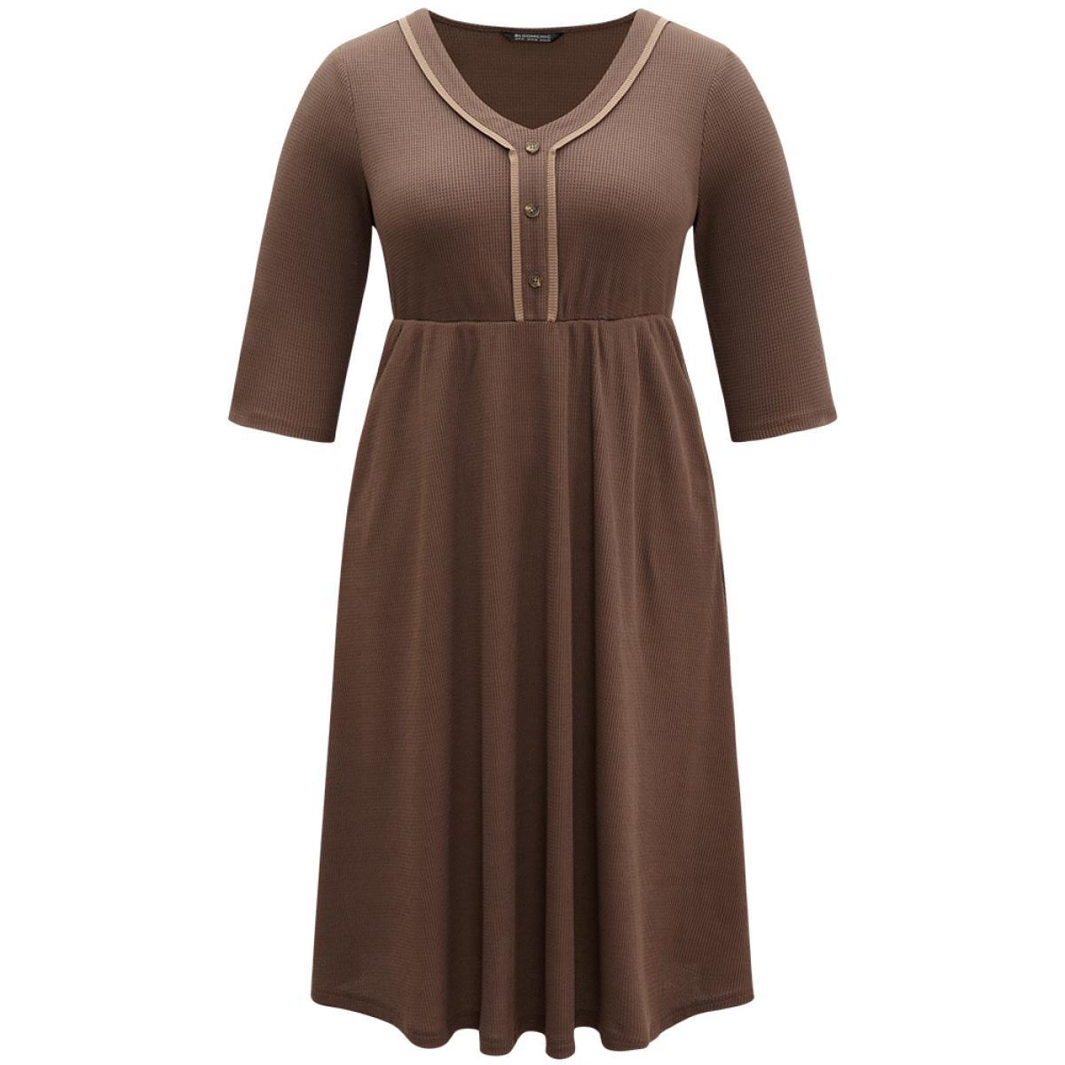 Plus Size Waffle Knit Contrast V Neck Button Detail Dress DarkBrown Women Work From Home Plain V-neck Elbow-length sleeve Curvy Midi Dress BloomChic 14-16/1X Product Image