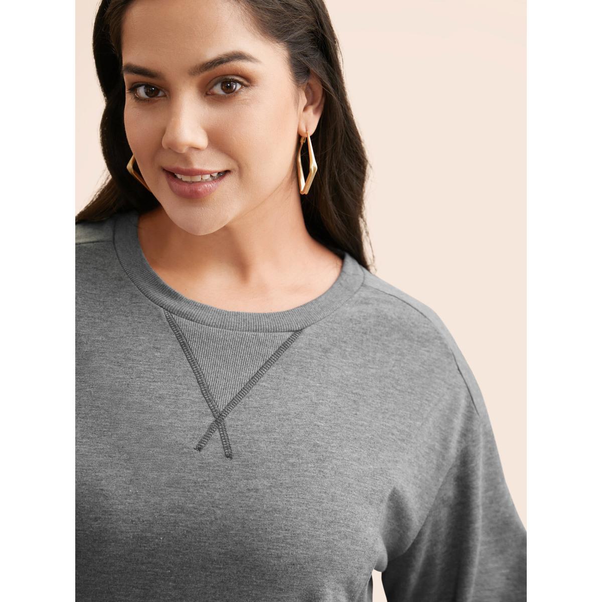 Plus Size Round Neck Stitch Slightly Stretchy Sweatshirt Women Mediumgray Casual Topstitching Round Neck Everyday Sweatshirts BloomChic 30/6X Product Image