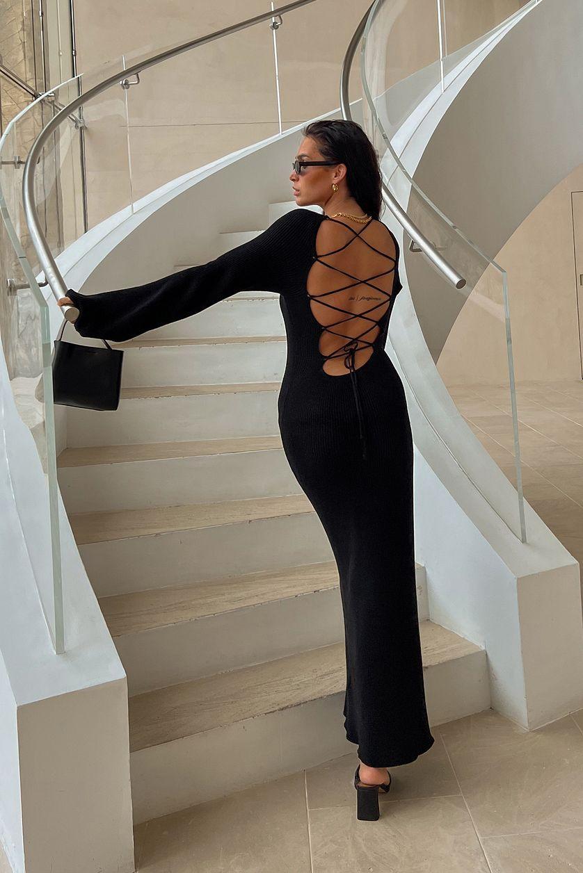 Open Back Lace Detail Knitted Maxi Dress Beige Product Image