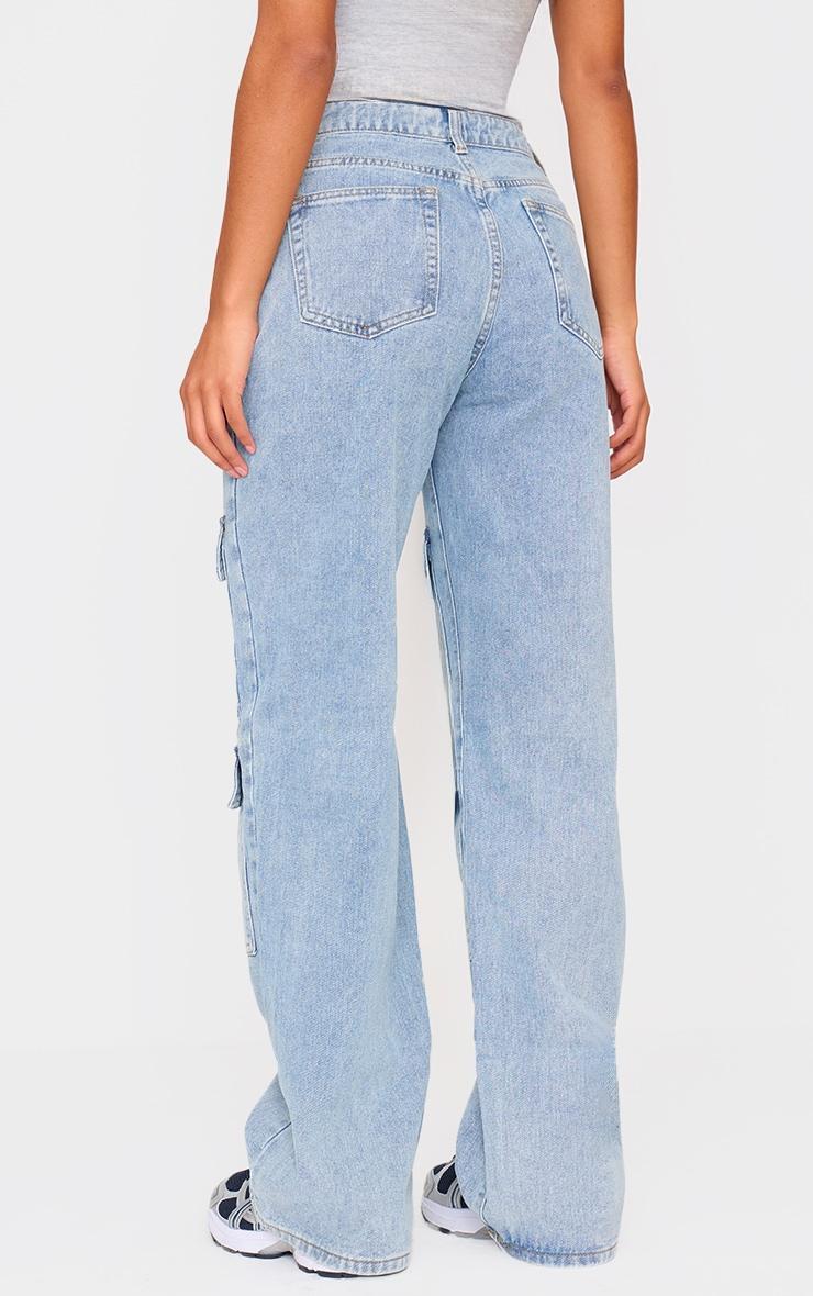 Light Blue Wash Cargo Front Pocket Baggy Boyfriend Jeans Product Image
