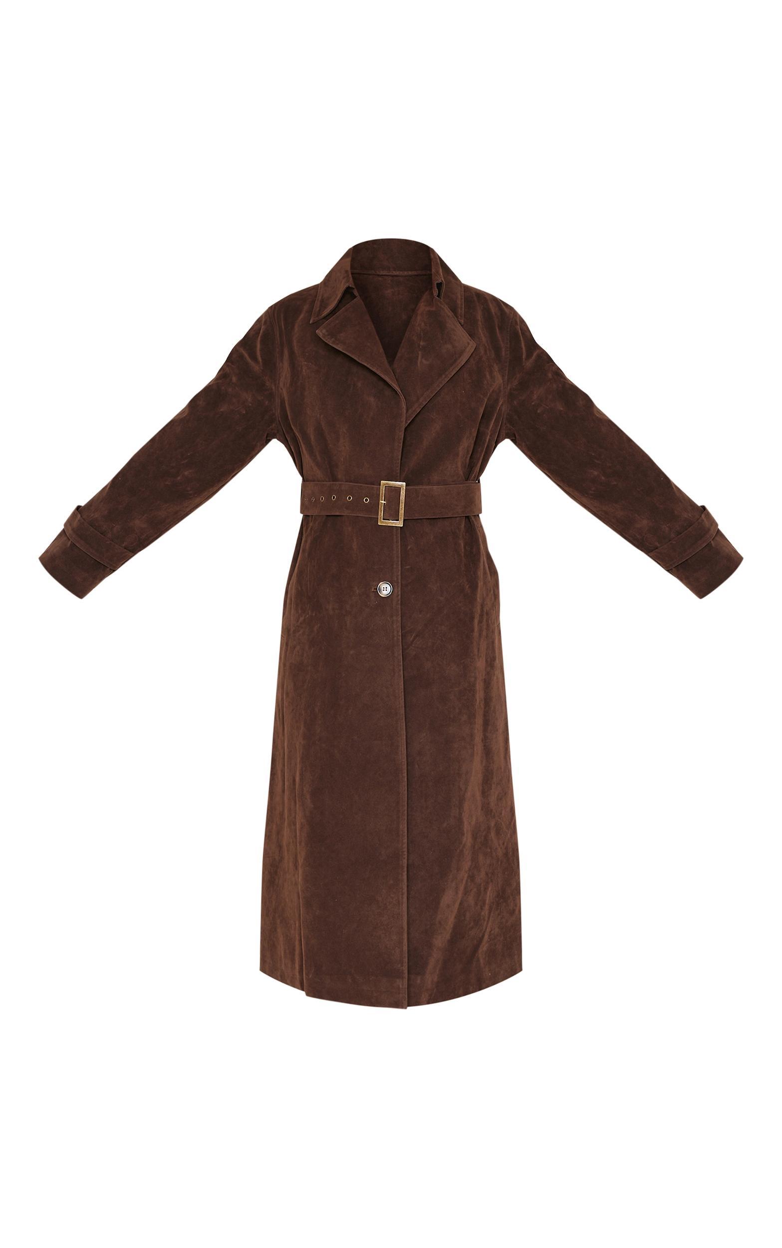 Chocolate Faux Suede Buckle Belt Trench Coat Product Image