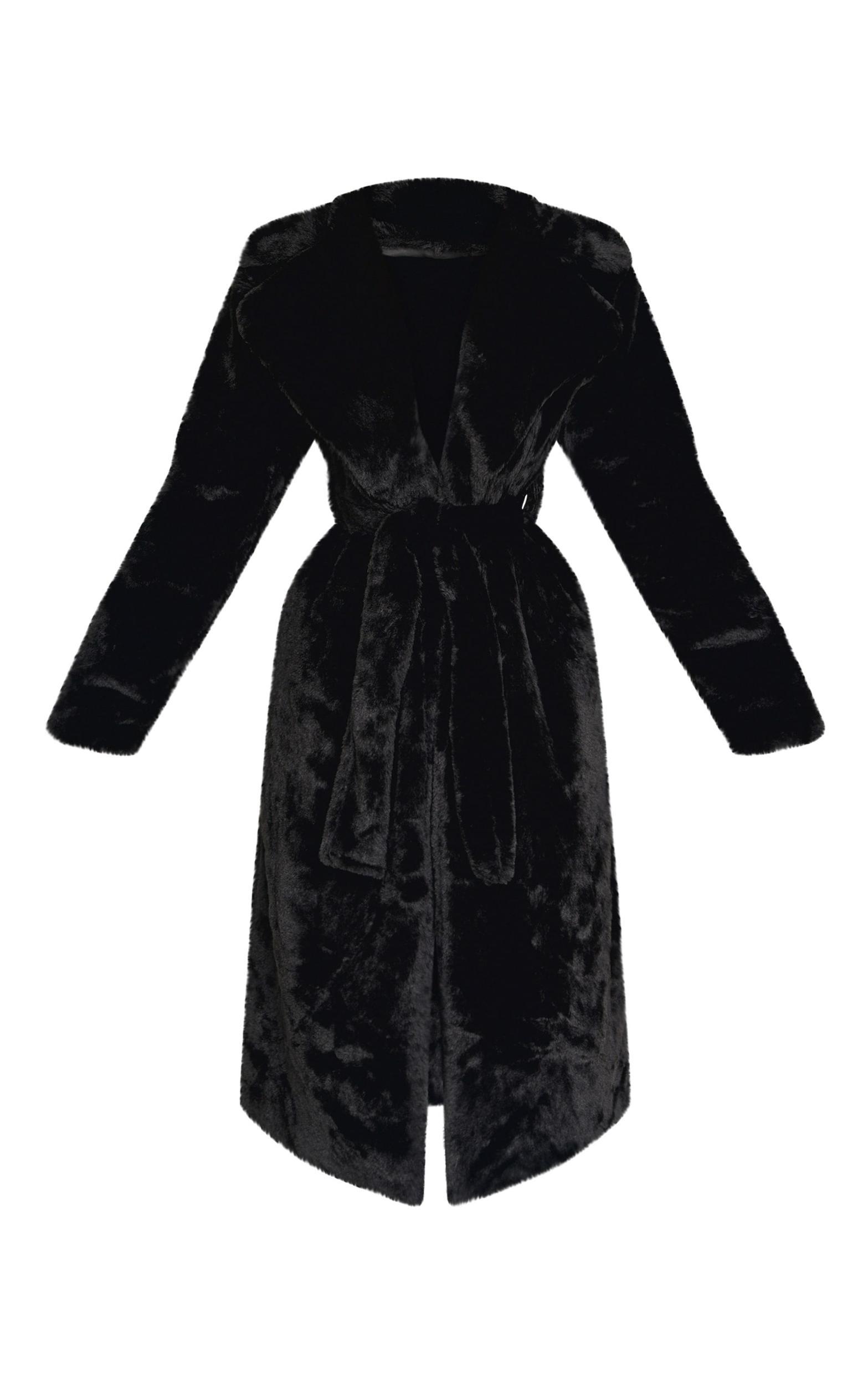 Petite Black Belted Faux Fur Coat Product Image