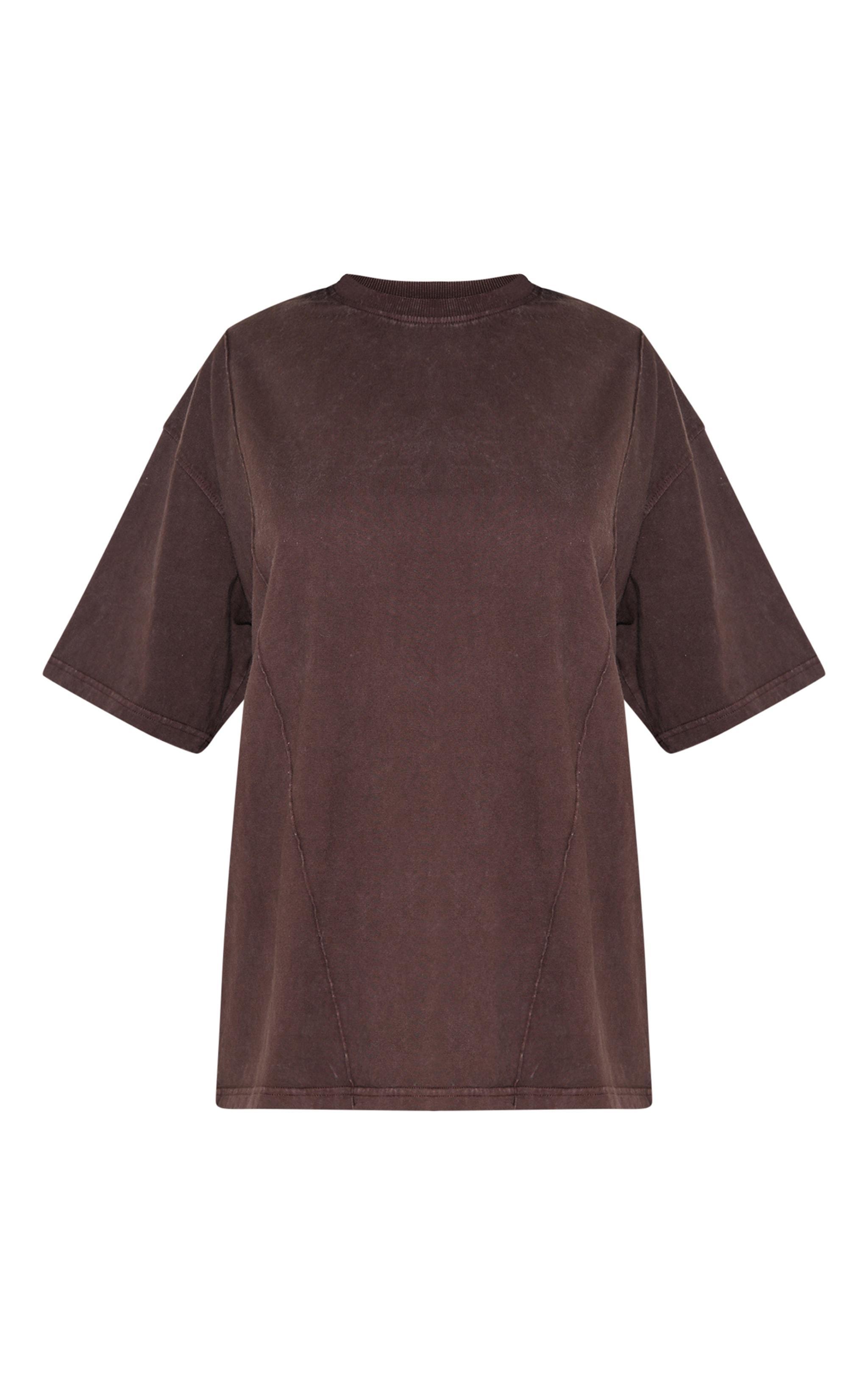 Dark Brown Oversized Cotton Seam Detail T-shirt Product Image