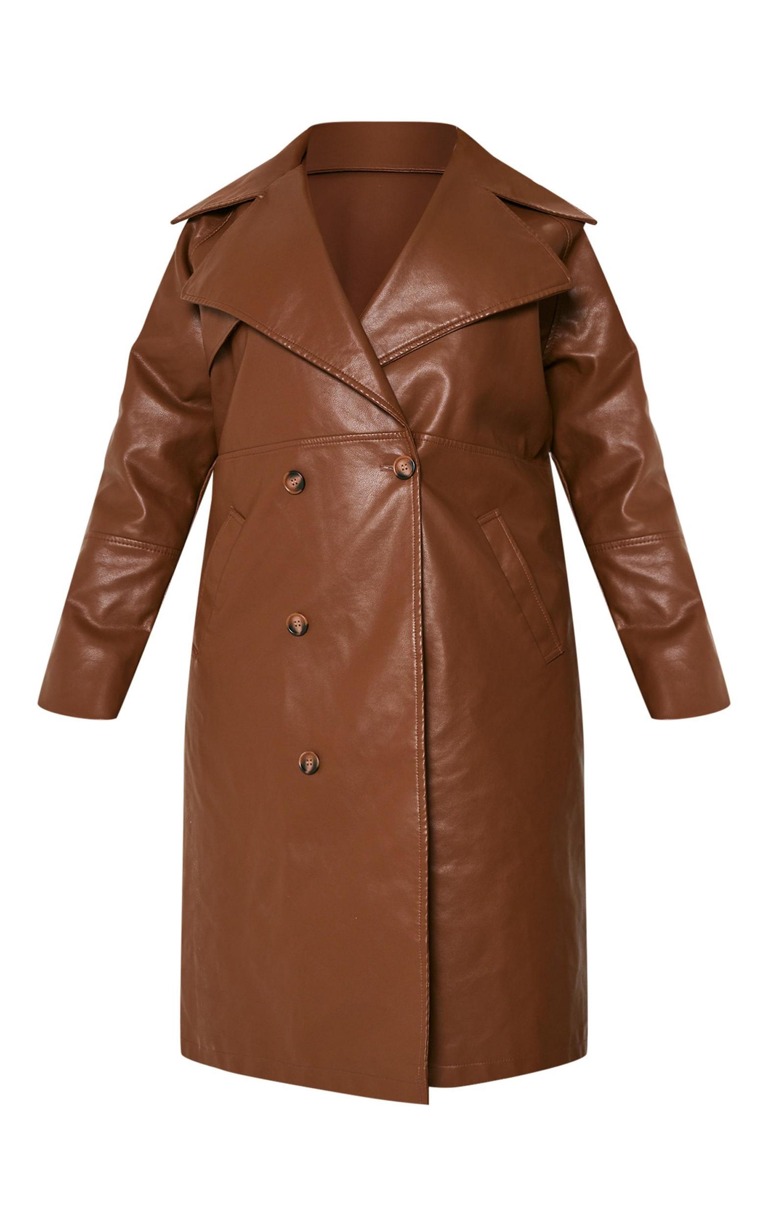 Plus Brown Button Detail Faux Leather Trench Coat Product Image