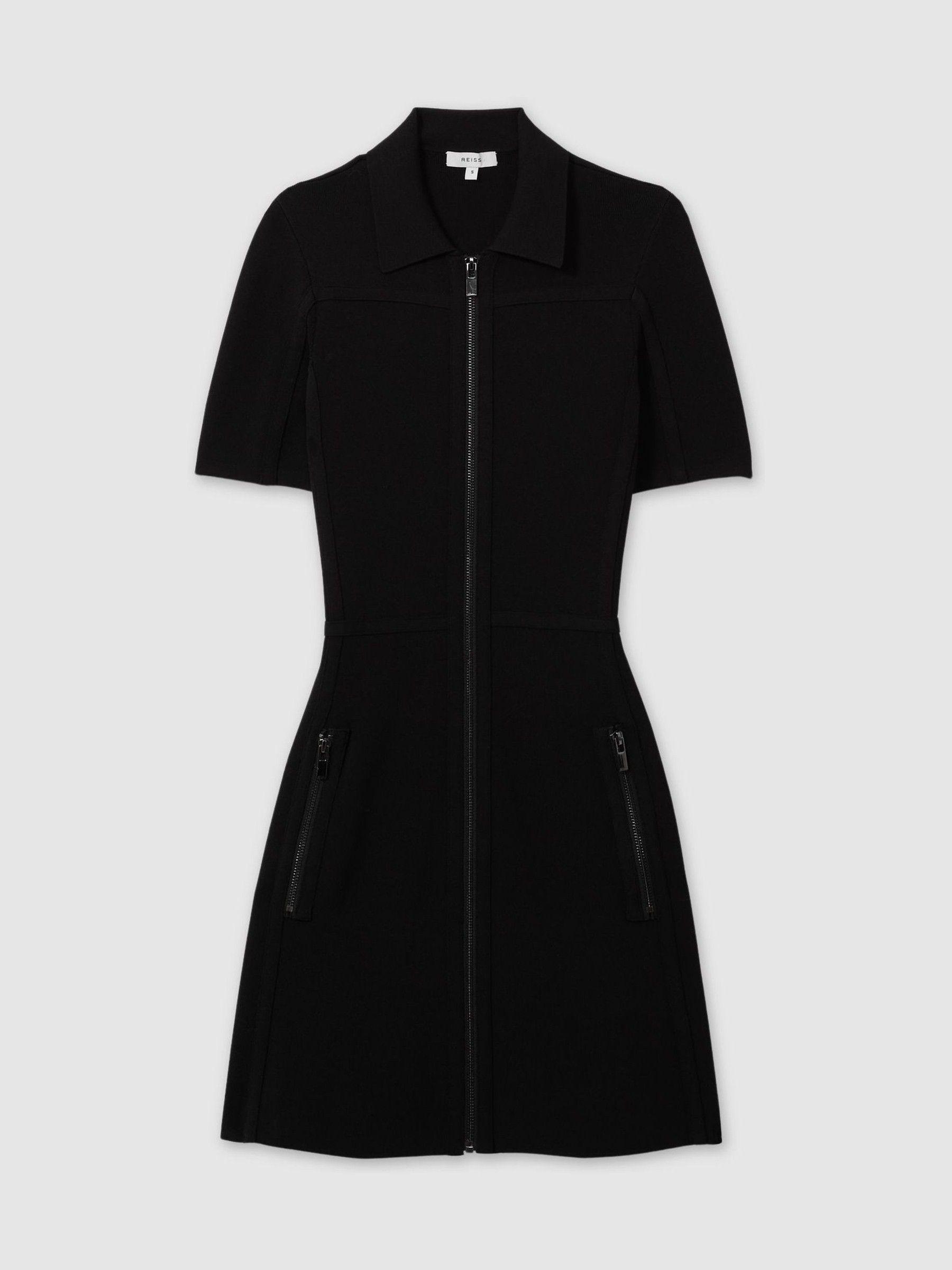 Knitted Zip-Front Mini Dress in Black Product Image
