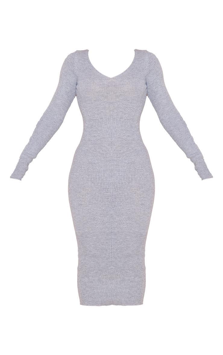 Grey V Neck Knit Midi Dress Product Image