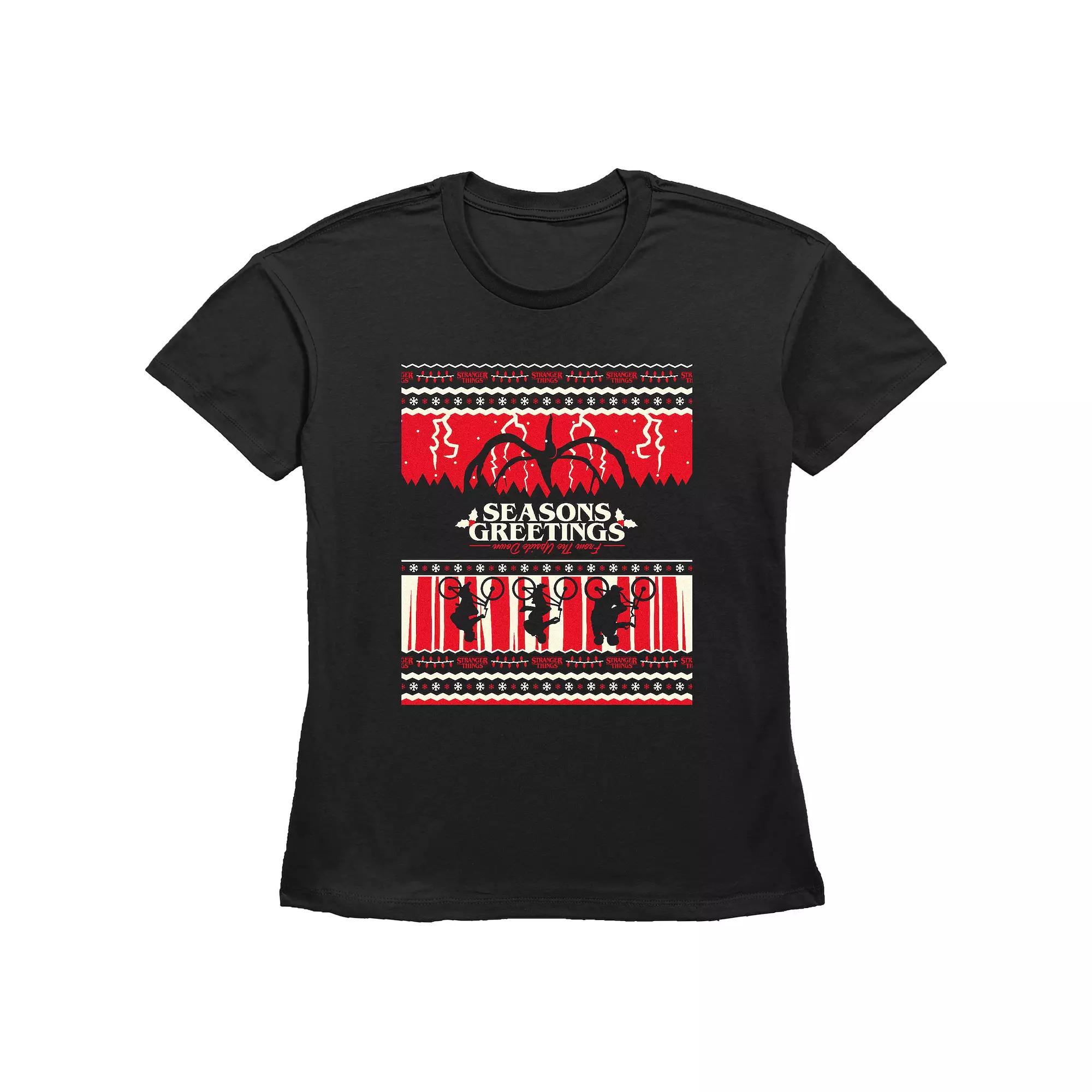 Women's Stranger Things Season's Greeting From The Upside Down Graphic Tee, Size: XL, Black Product Image