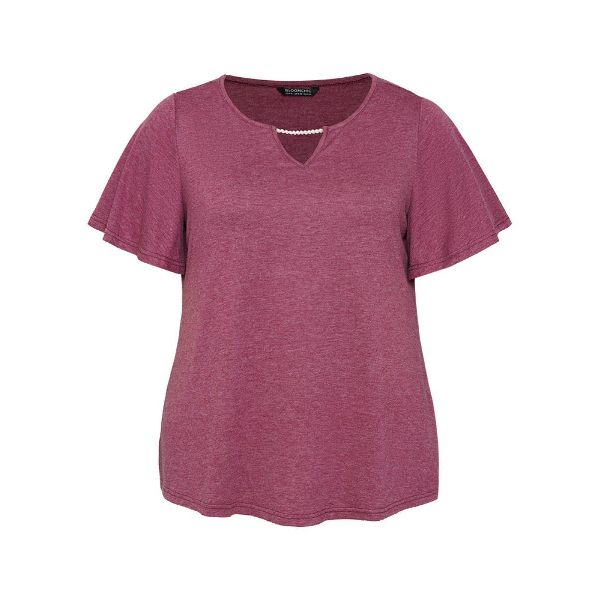 Plus Size Plain Keyhole Pearl Beaded Flutter Sleeve T-shirt RedViolet Women Elegant Cut-Out Plain Round Neck Dailywear T-shirts BloomChic 18-20/2X Product Image