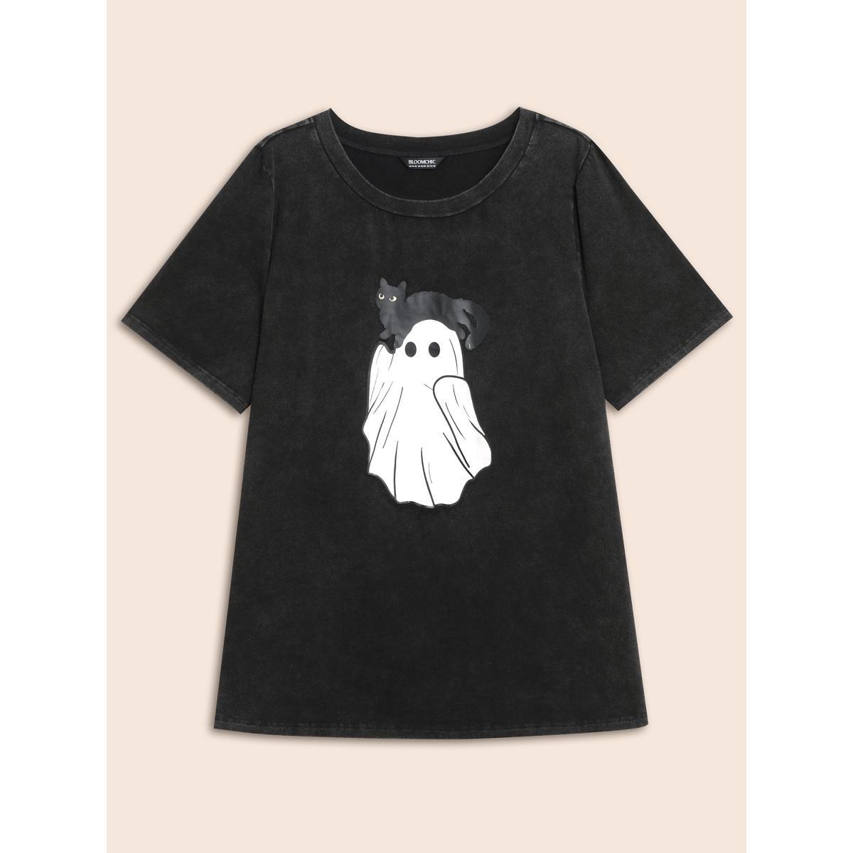 Plus Size Cotton Hide And Seek Washed Effect T-shirt Black Women Casual Non Halloween Round Neck Everyday T-shirts BloomChic 28/5X Product Image