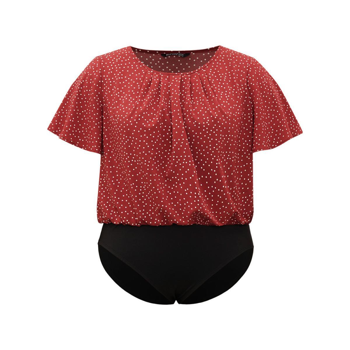 Plus Size Polka Dot Elastic Waist Plicated Detail Ruffle Sleeve Bodysuit Women Red Polka Dot Pleated Bodysuits BloomChic 22-24/3X Product Image