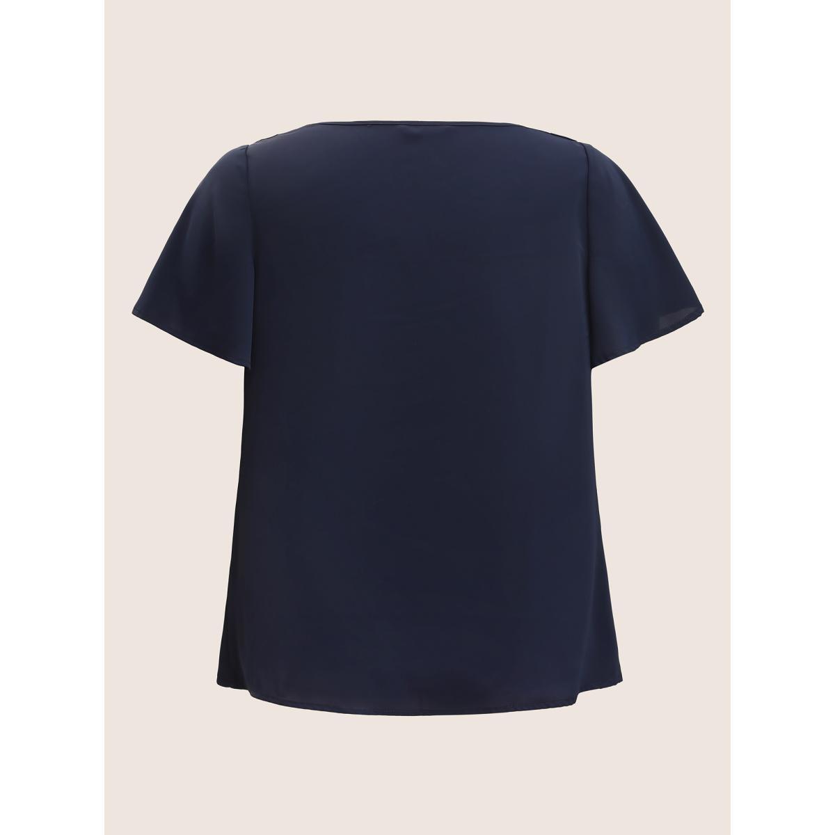 Plus Size Indigo Plain Cowl Neck Ruffle Sleeve Blouse Women Work From Home Short sleeve Cowl Neck Work Blouses BloomChic 14-16/1X Product Image