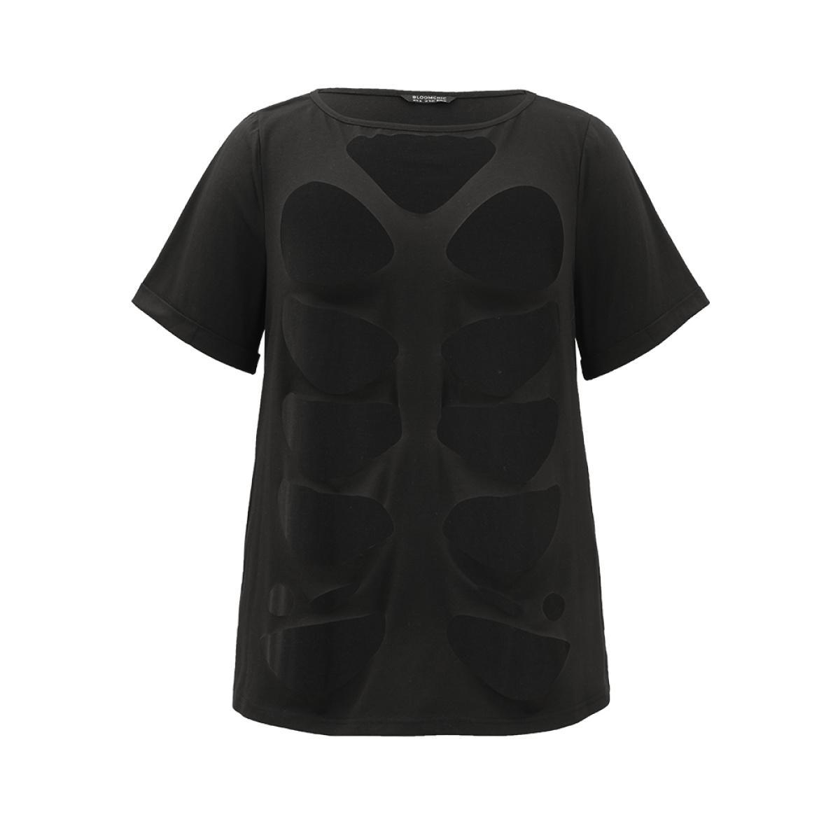 Plus Size Halloween Solid Distressed T-shirt Black Women Casual Plain Plain Keyhole Cut-Out Festival-Halloween T-shirts BloomChic 28/5X Product Image