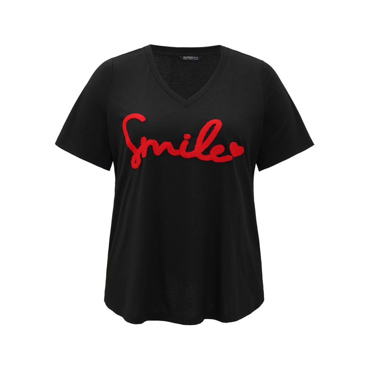 Plus Size Letter Embroidered V Neck T-shirt Black Women Casual Embroidered Letter Dailywear T-shirts BloomChic 30/6X Product Image