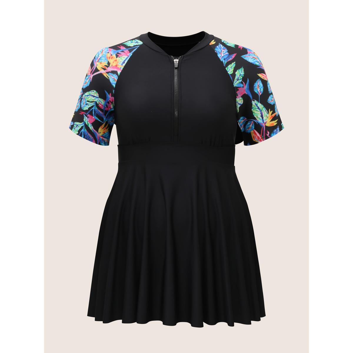 Plus Size Tropical Print Half Zip Raglan Sleeve Swim Dress Women's Swimwear Black Beach Bodycon Stand-up collar High stretch Curve Swim Dresses BloomChic 12/L Product Image