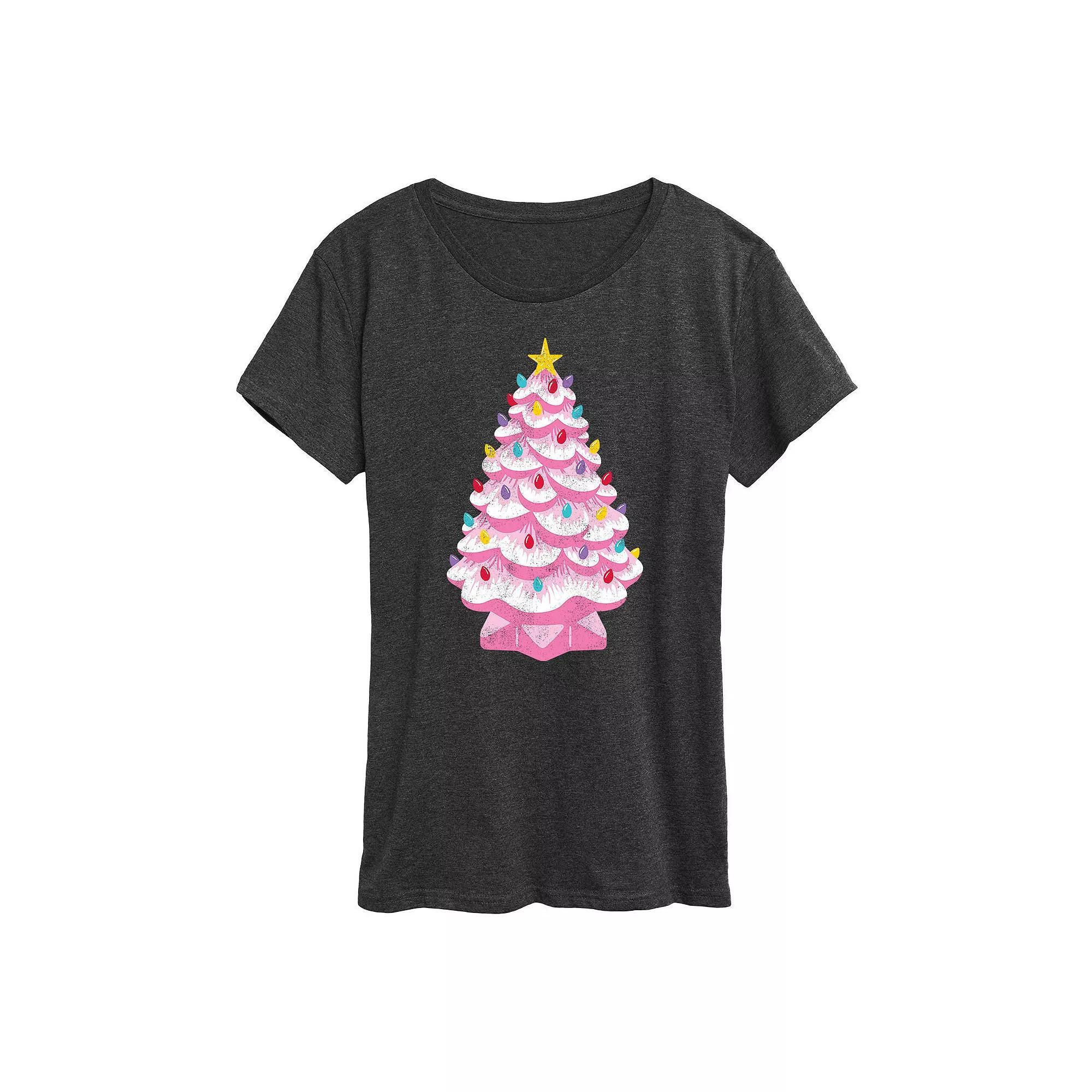 Women's Retro Pink Ceramic Christmas Tree Graphic Tee, Girl's, Size: Large, Gray Product Image