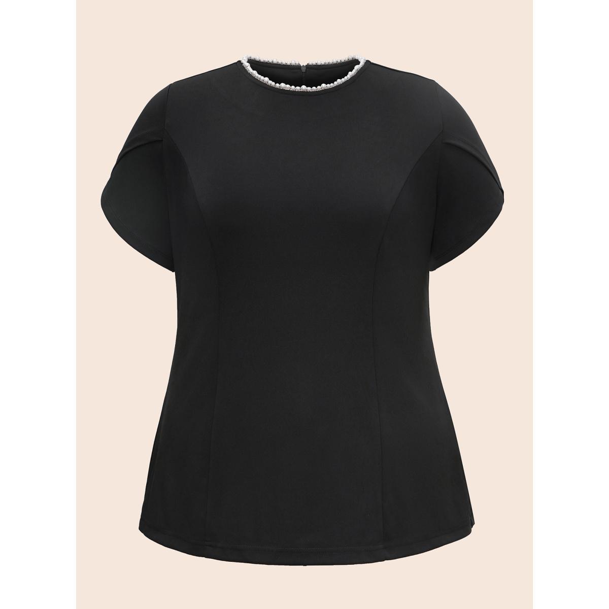 Plus Size Black Pearl Beaded Petal Sleeve Stretch Blouse Women Elegant Half Sleeve Round Neck Everyday Blouses BloomChic 14-16/1X Product Image