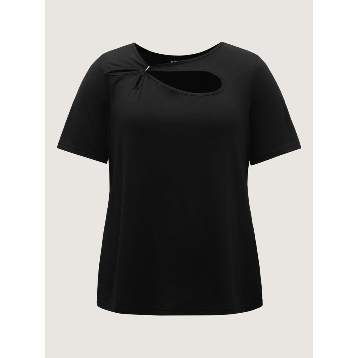 Plus Size Neck Cut-Out Round Neck T-Shirt Black Women Cut-Out Asymmetrical Neck Everyday-Casual T-shirts BloomChic 10/M Product Image