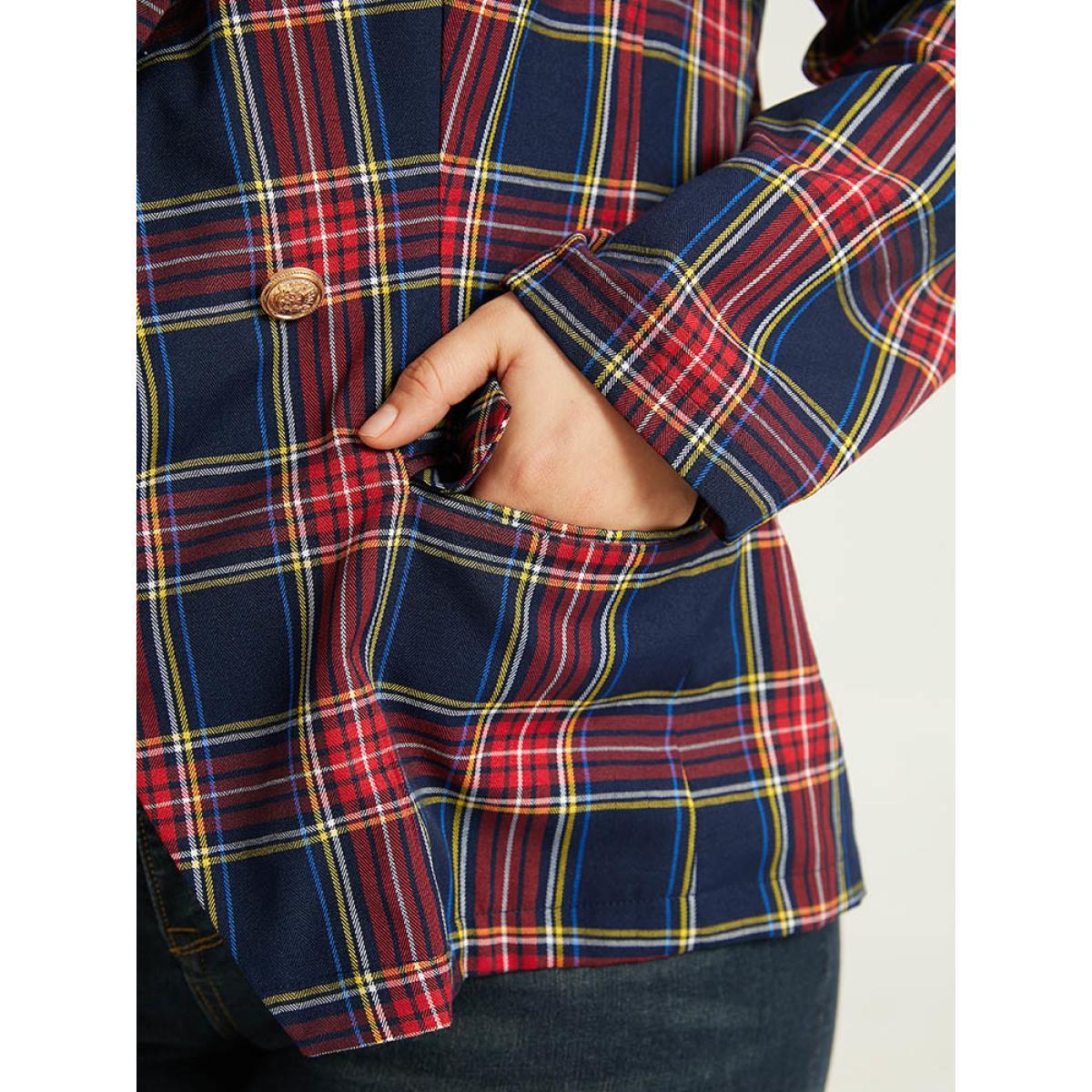 Plus Size Plaid Metal Detail Pocket Blazer Multicolor Women Dailywear Plaid Button Sleeve Long Sleeve Suit Collar 14-16/1X Pocket Casual Blazers BloomChic Product Image
