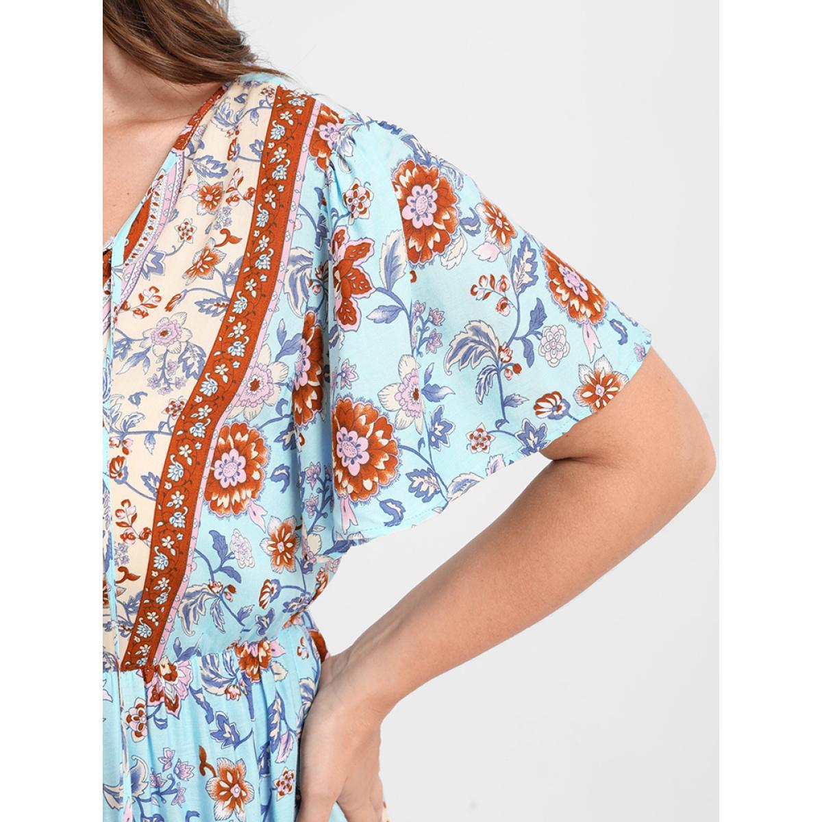 Plus Size LightBlue Floral Ruffled Ties V Neck Blouse Women Vacation Short sleeve V-neck Dailywear Blouses BloomChic 18/2X Product Image
