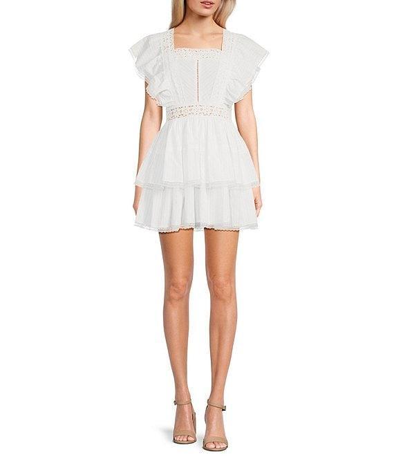 Lace Square Neck Short Flutter Sleeve Tiered Mini Dress Product Image