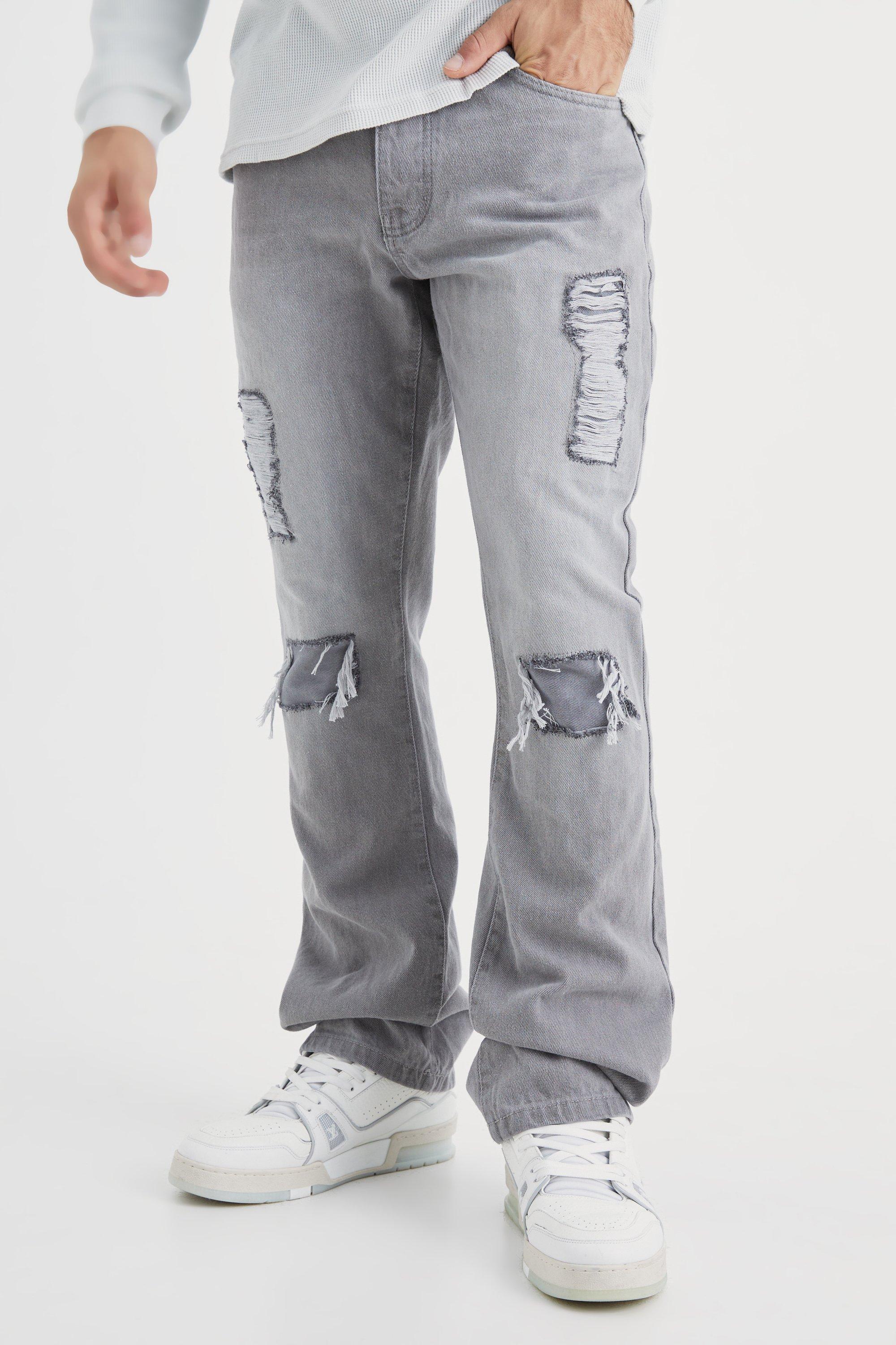 Mens Grey Slim Flare Rip And Repair Jeans, Grey Product Image