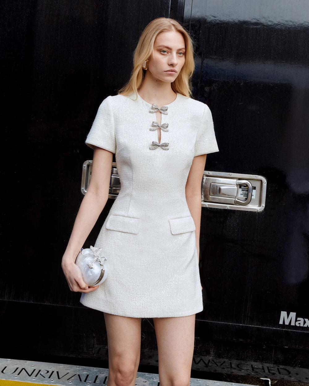 Cream Boucle Bow Mini Dress Product Image