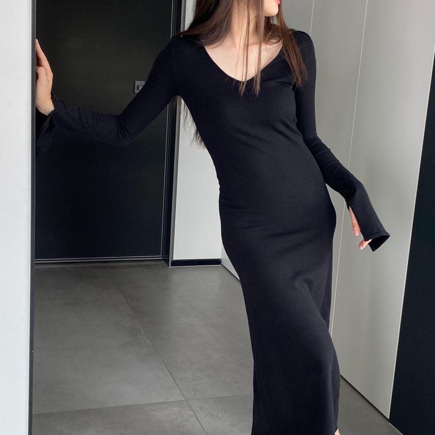 Flared-Sleeve V-Neck Plain Midi Sheath Dress Product Image